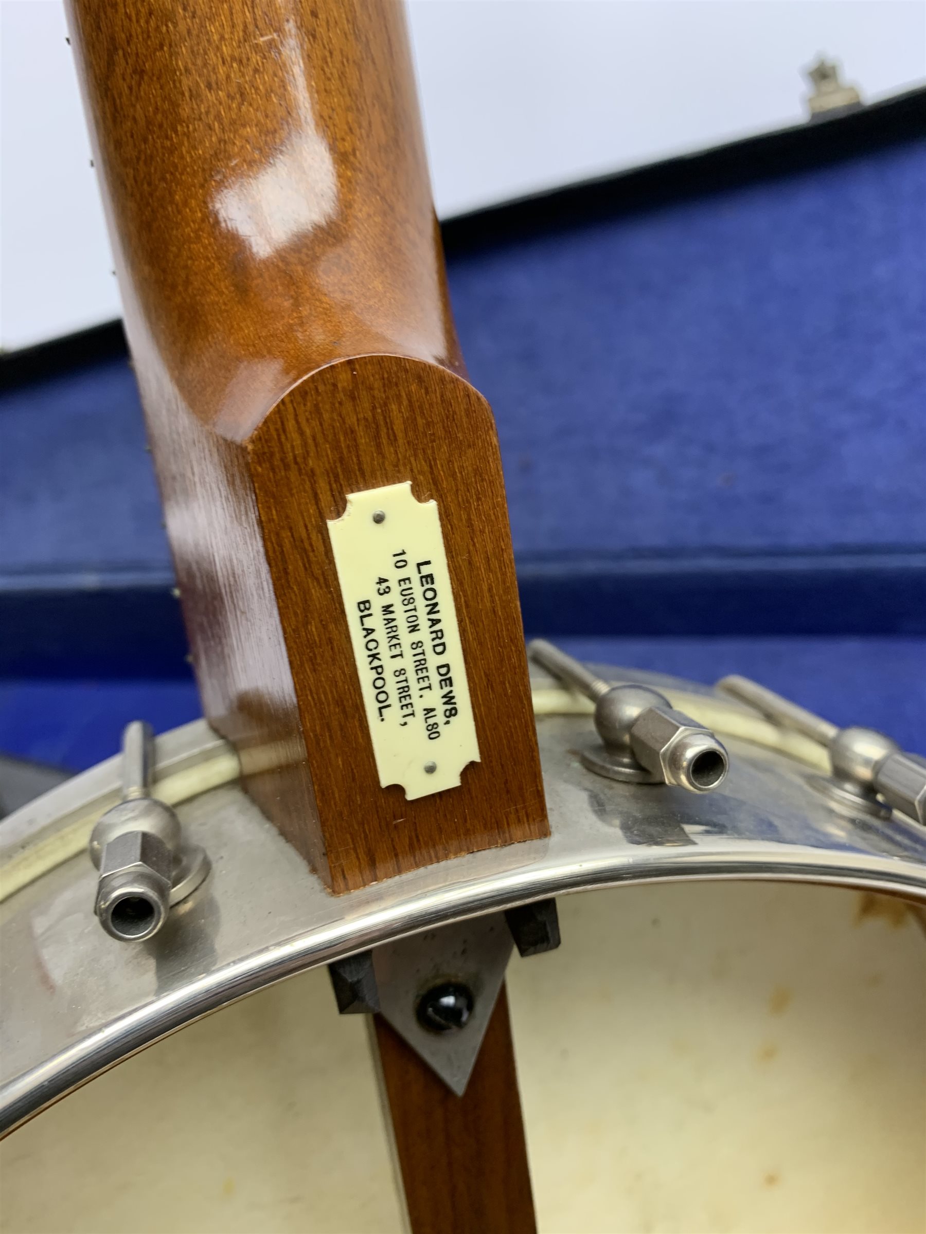  Windsor Popular Model 3 five-string banjo, impressed mark and maker's label and retailer's plaque for 'Leonard Dews 10 Euston Street also 43 Market Street, Blackpool', L89cm, in carrying case  