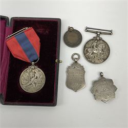 George V Imperial Service Medal awarded to Arthur Poulter, cased; and two Victorian silver sporting fobs inscribed A. Poulter and dated 1896 and 1898; together with WW1 British War Medal awarded to R4-068401 Pte. R. Burnett A.S.C.; and an uninscribed bronze singing medallion (5)