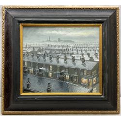 Steven Scholes (Northern British 1952-): 'Rooftops of Manchester', oil on board signed 32cm x 37cm