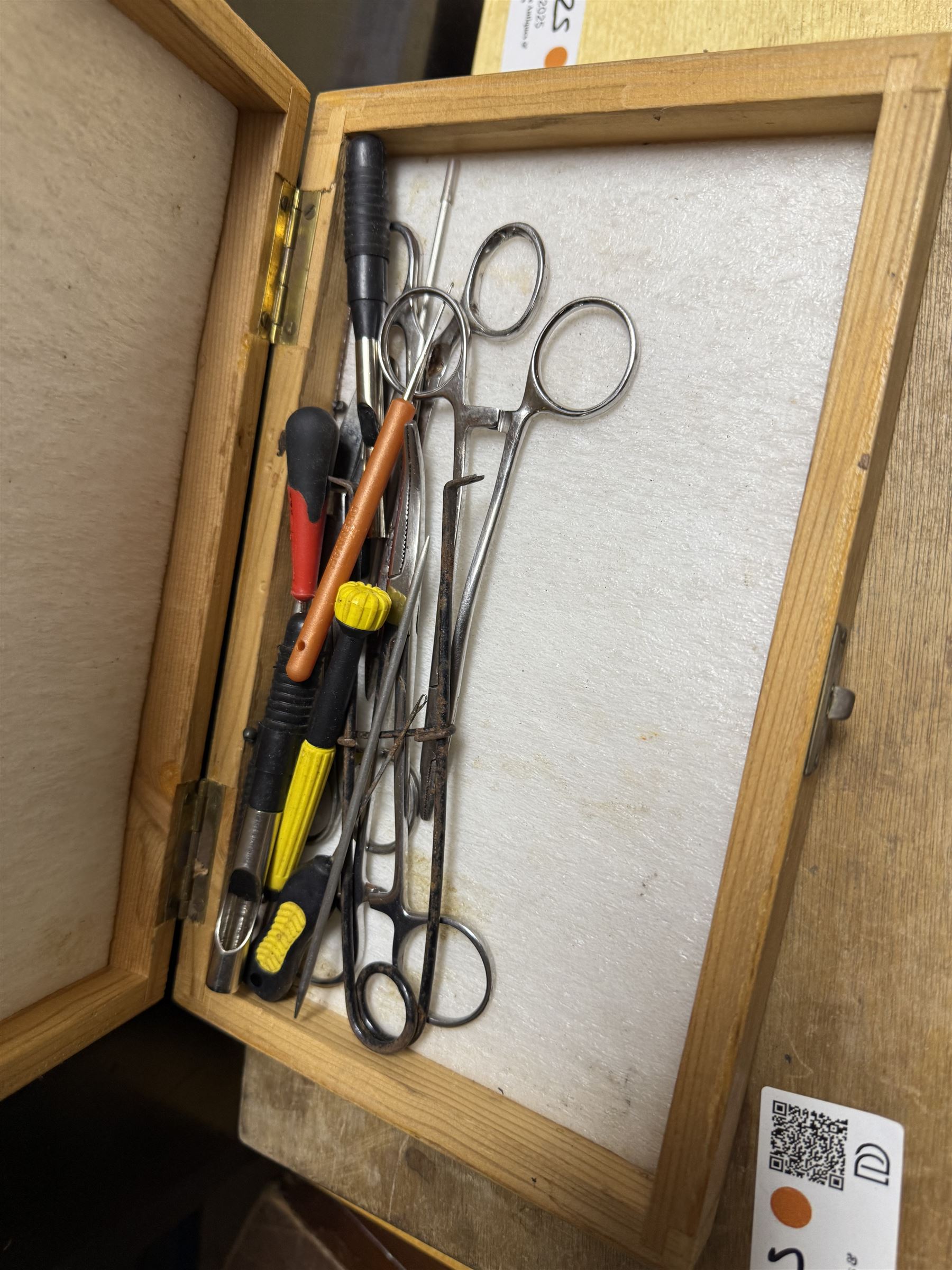 Fishing equipment, including two Fladen Vantage reels, split cane rod, hooks, line, lures etc, in Leeda plastic box and table top plastic drawers