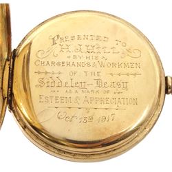 9ct gold full hunter keyless lever presentation pocket watch by R.Gilbert & Sons Ltd 'Makers to the Admiralty', Coventry & Barrow, No. 191951, white enamel dial with Roman numerals and subsidiary seconds dial, case by Dennison, Birmingham 1915