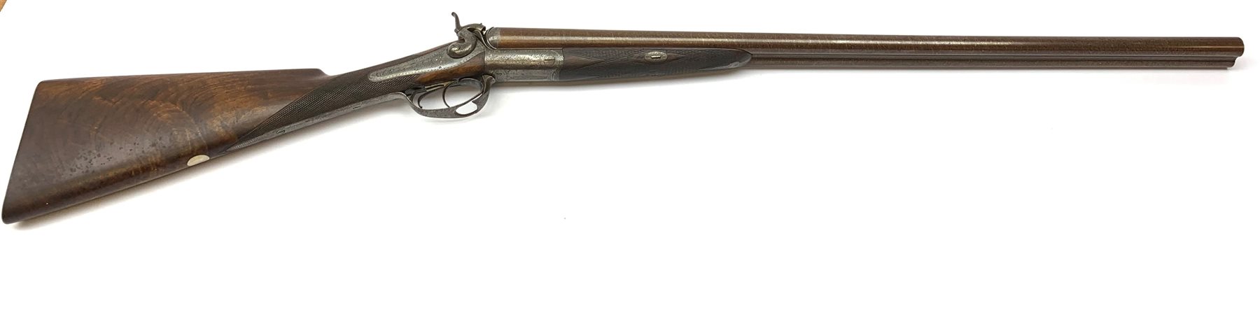 19th century J. Morrell of London 12-bore side-by-side double barrel hammer shotgun with Purdy thumbhole lever opening and back action lock, walnut stock and 76cm damascus barrels, No.1868, L119cm overall SHOTGUN CERTIFICATE REQUIRED