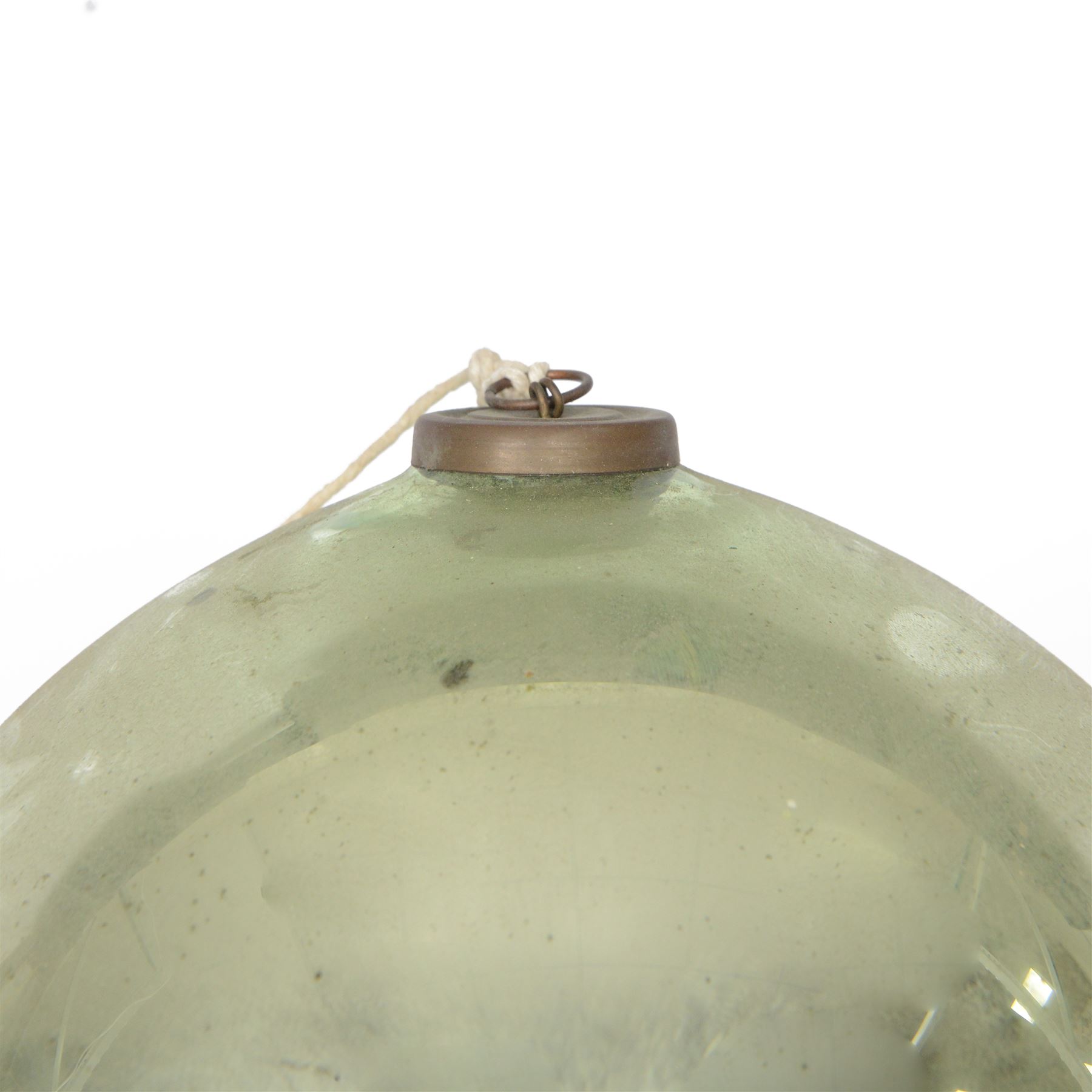 Late 19th century pale green glass witches ball, metal hanging pendant, D28cm