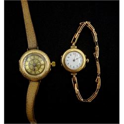 Early 20th century Swiss 9ct rose gold ladies wristwatch, London import marks 1919, on rose gold expanding strap, stamped 9ct and a gold wristwatch, stamped 14c, on leather strap (2)