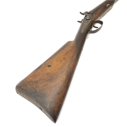 19th century 16-bore muzzle loading, percussion cap, side-by-side double barrel shotgun, with walnut stock, chased action with indistinct makers name and 74cm damascus barrels with under barrel ramrod L116cm overall