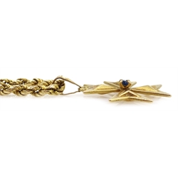 9ct gold sapphire set Maltese cross pendant on rope twist necklace hallmarked 6.6gm