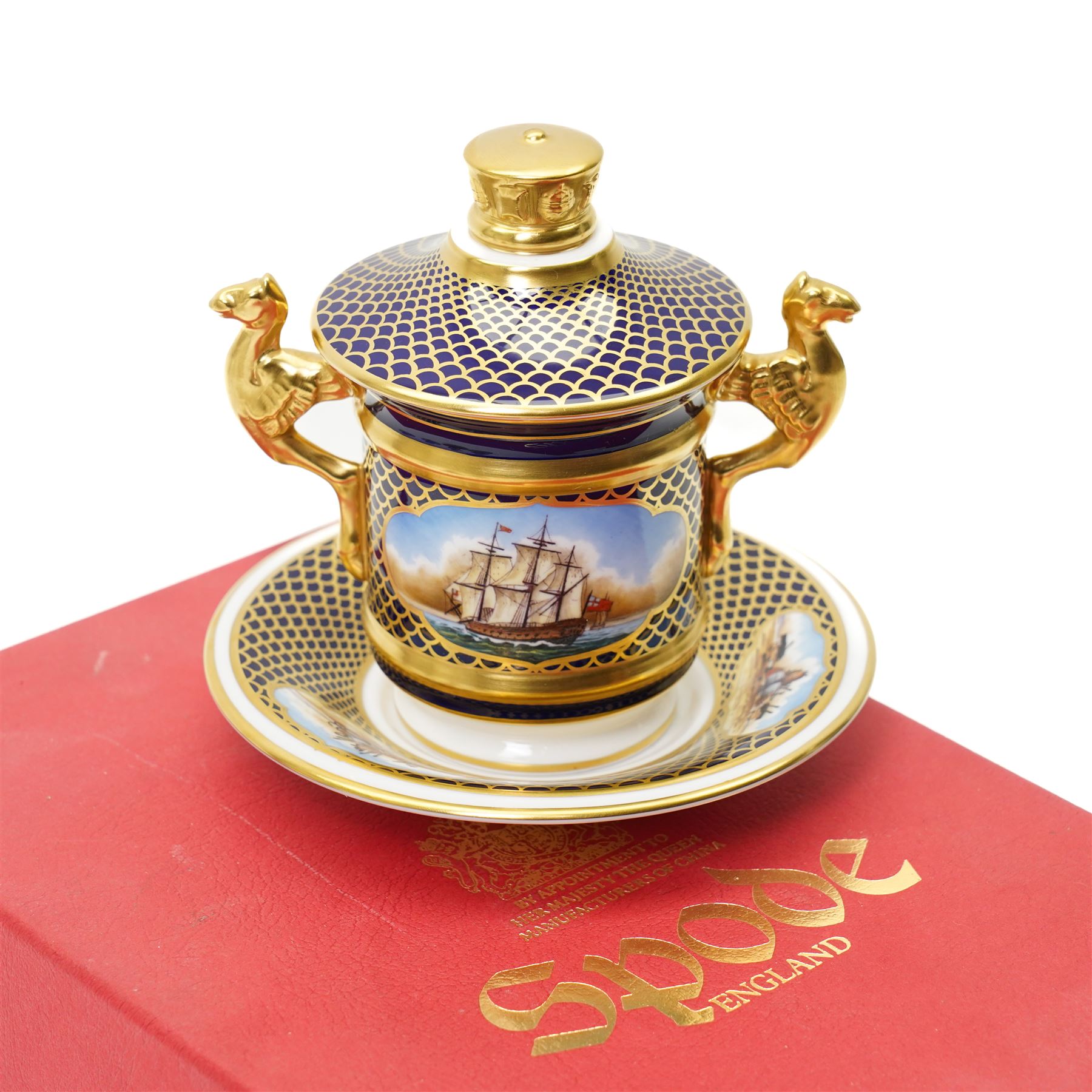 Spode 'The Shipwright's Cup' limited edition covered cup, boxed, together with a set of six Spode Imari Collection coffee cans and saucers