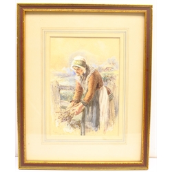 Attrib. James Hardy Snr (British 1801-1879): Elderly Woman Gathering Firewood, watercolour signed 'J Hardy' and dated '49, 24cm x 17cm