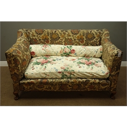  Late 19th century oak framed two seat sofa, drop end with brass handle, upholstered in Liberty type fabric, W155cm  