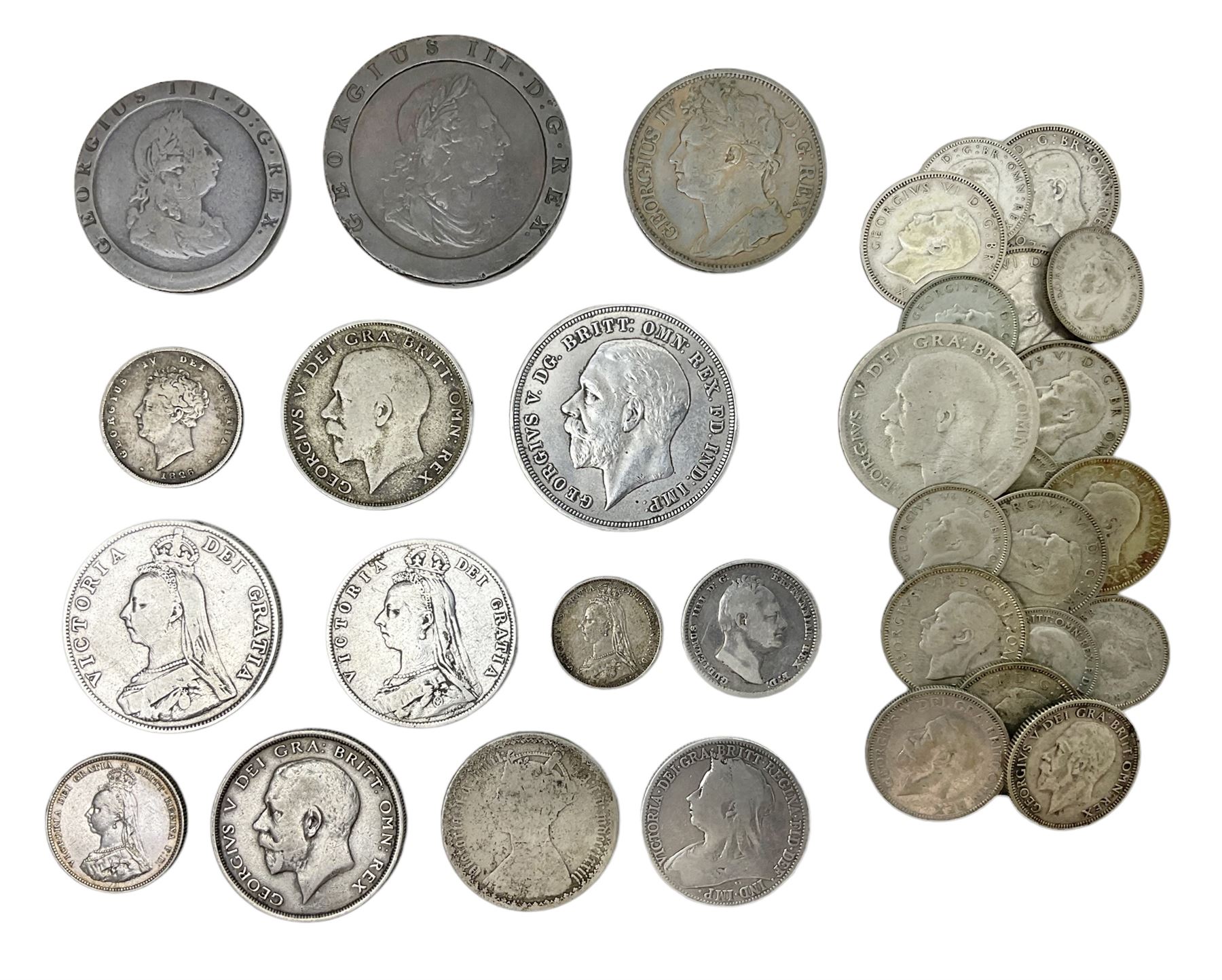 Approximately 90 grams of pre 1920 Great British silver coins, approximately 120 grams of pre 1947 Great British silver coins, George III cartwheel penny and twopence and George IV Irish 1823 penny 