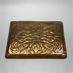 Newlyn School copper tray of rounded oblong form embossed with a shoal of fish swimming amongst bubbles and seaweed W38cm