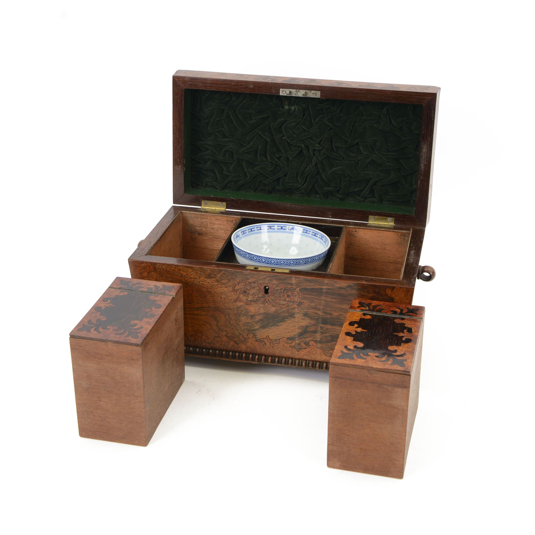 Victorian rosewood inlaid tea caddy, of sarcophagus form with twin ring handles, the interior with two lidded compartments  and later central mixing bowl, upon four bun supports, H32cm