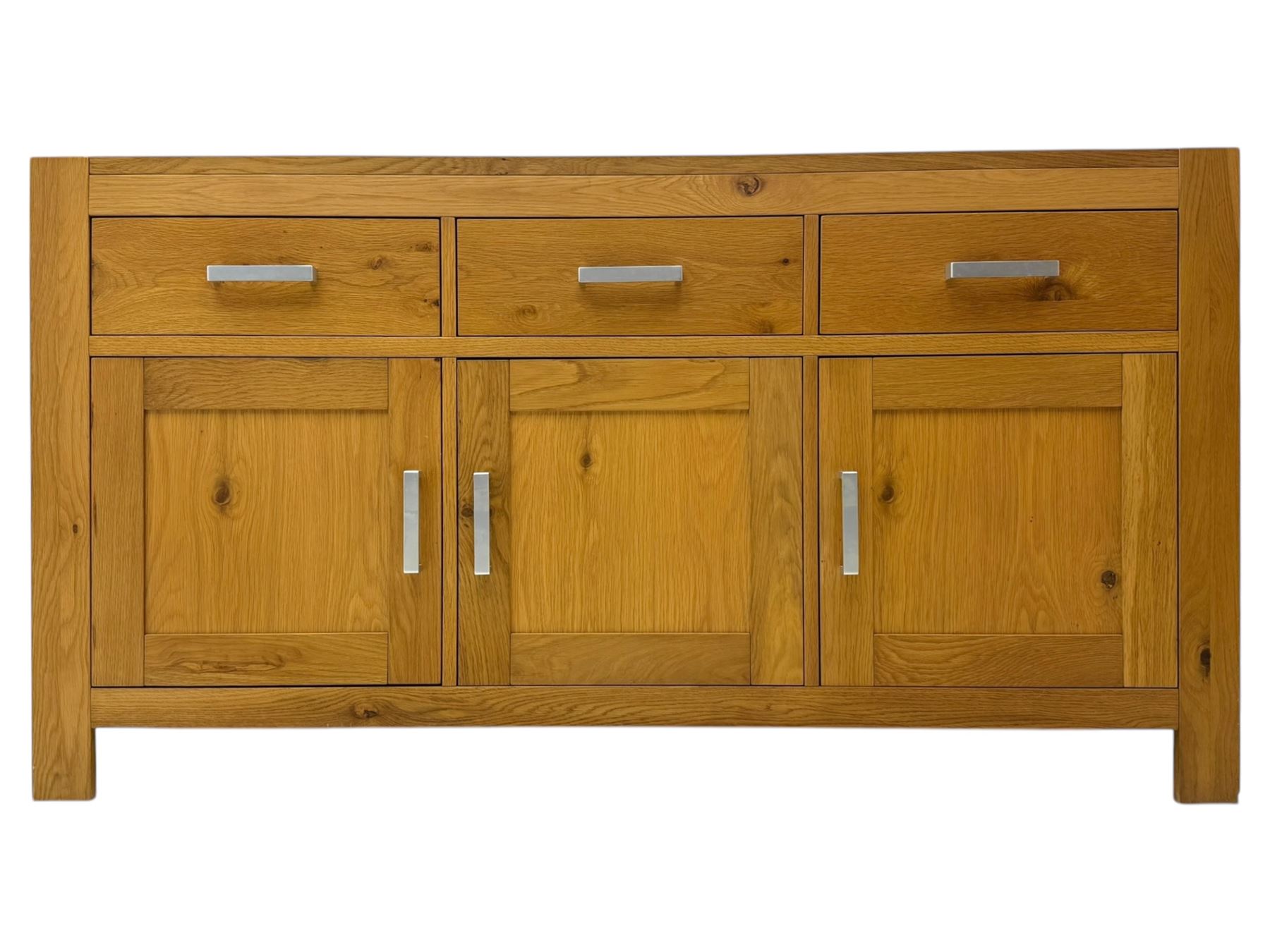 Light oak sideboard, fitted with three drawers and three cupboards, metal handles