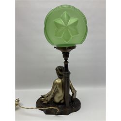 Art Deco style bronzed and gilded spelter figural table lamp with green Uranium glass shade; H48cm, another table lamp; and a bisque group