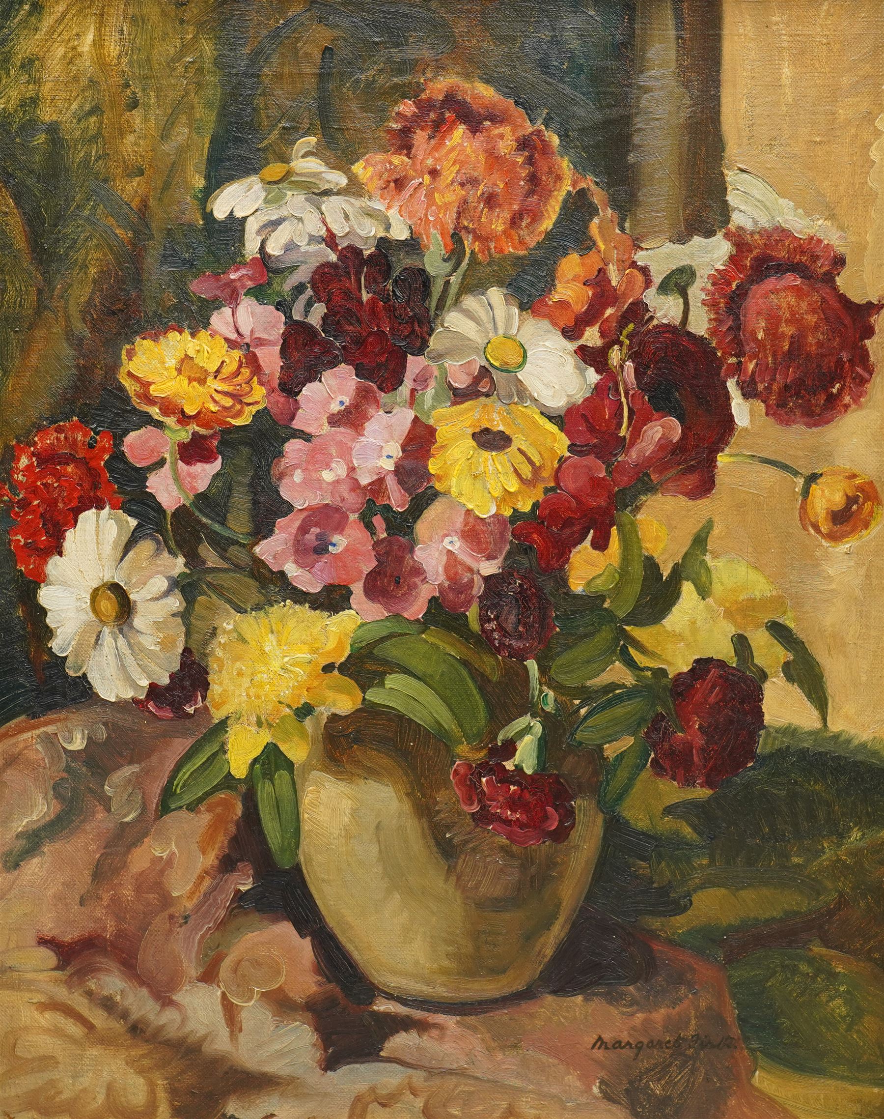 Margaret Firth (British 1898-1991): Still Life of Flowers in a Vase, oil on canvas signed, labels verso 48cm x 38cm