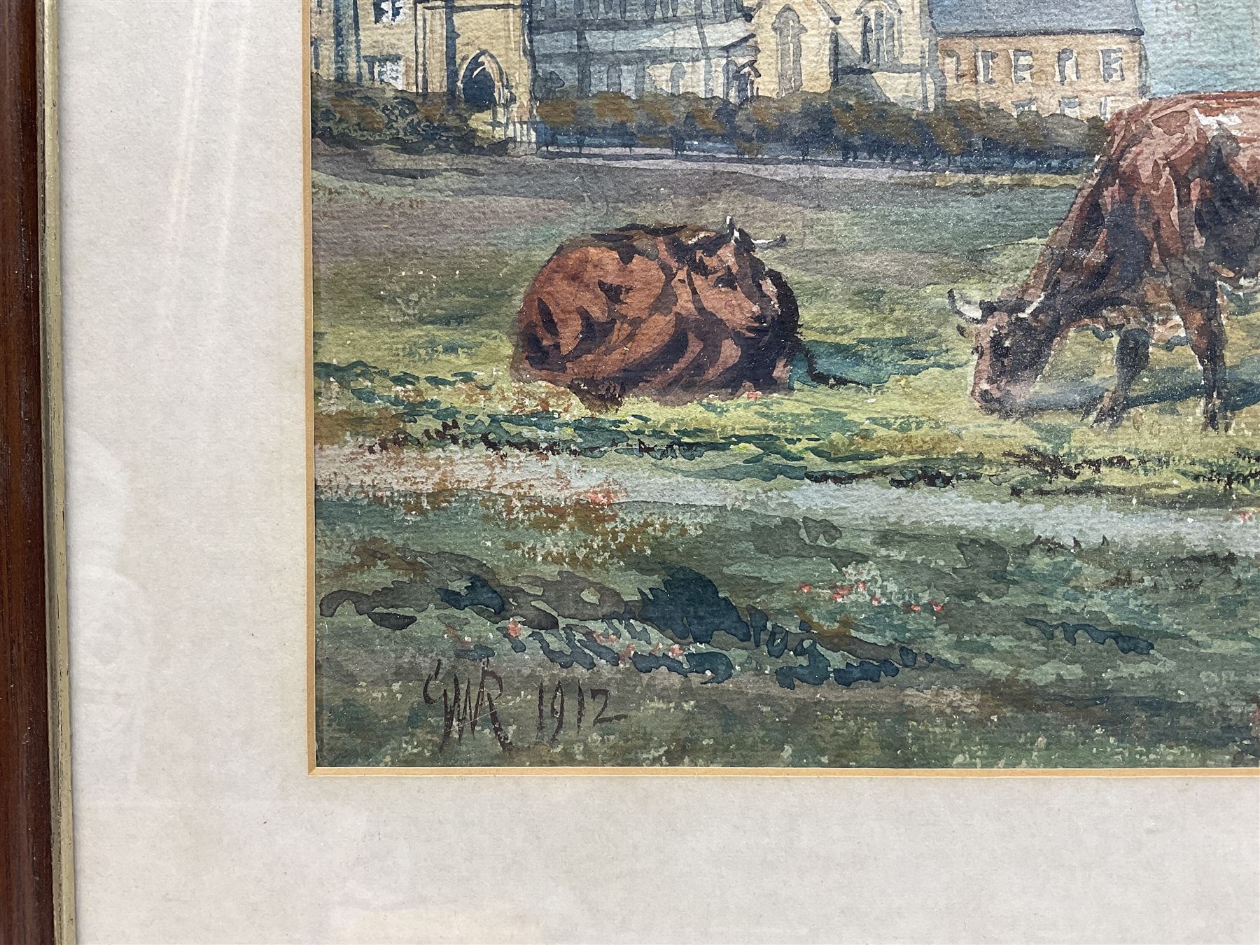 GWR (British Early 20th century): Cattle Grazing in a Town-side Pasture, pair watercolour signed and dated 1910/1912, 28cm x 38cm (2)