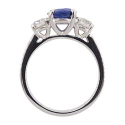 18ct white gold three stone oval sapphire and diamond ring, hallmarked, sapphire approx 1.50 carat, total diamond weight approx 0.60 carat