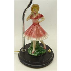  Art deco style bakelite table lamp, mounted with a ceramic figure of a young girl, H45cm   