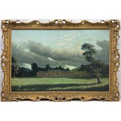 Algernon Cecil Newton RA (British 1880-1968): 'A View of Godmersham Park Kent on a Cloudy Day', oil on canvas signed with monogram and dated '42, 74cm x 117cm in carved giltwood swept frame 
Provenance: Godmersham Park, which features on the latest Bank of England ten pound note, was built in 1732 for Thomas May, landowner and MP, and was later inherited in 1794 by Edward Austen, brother of Jane Austen - the latter was a regular visitor between 1798 and 1813, and her novel Mansfield Park is said to be based on Godmersham. In the late 19th century, the house suffered from neglect and a lack of responsible owners, but was purchased by Mr and Mrs Robert Tritton in 1935 who, with the help of the architect Walter Sarel, carried out a thorough programme of reconstruction and renovation.
Robert Tritton Esq commissioned this painting in October 1942 for the sum of £262-10-0. In the same year he painted this picture, Newton was commissioned by the Marchioness of Normanby to paint Mulgrave Castle near Whitby. This local connection was possibly because, a year earlier, he moved to Beck Hole, living in the former Black Bull Inn (later renamed The Lord Nelson); he converted the upper floor into a studio, and whilst there painted an inn sign for the surviving The Birch Hall Inn which still hangs today. He lived there until 1948.
Then sold in the Contents of Godmersham Park, Christie's 8th June 1983, Lot 1210 (sold together with a copy of the auction catalogue, illustrated p.416), where bought by the late John Archibald Dunning (1928-2019), celebrated New York Architect, and then by descent through the family. Dunning began practicing as an architect in Bristol after WWII, but after a first visit to the United States, he decided to emigrate and practice there for the rest of his life. He was intimately familiar with almost every building on Park and Fifth Avenues, where he completed projects for his clients or was engaged as the buildings' consulting architect. He wound up his practice in 2017. John was also an expert on English country houses and furniture.
Our thanks to the artist's great-grandson Sir Mark Jones for his assistance in cataloguing this lot, which is to be included in his forthcoming catalogue raisonné of Newton's work.
