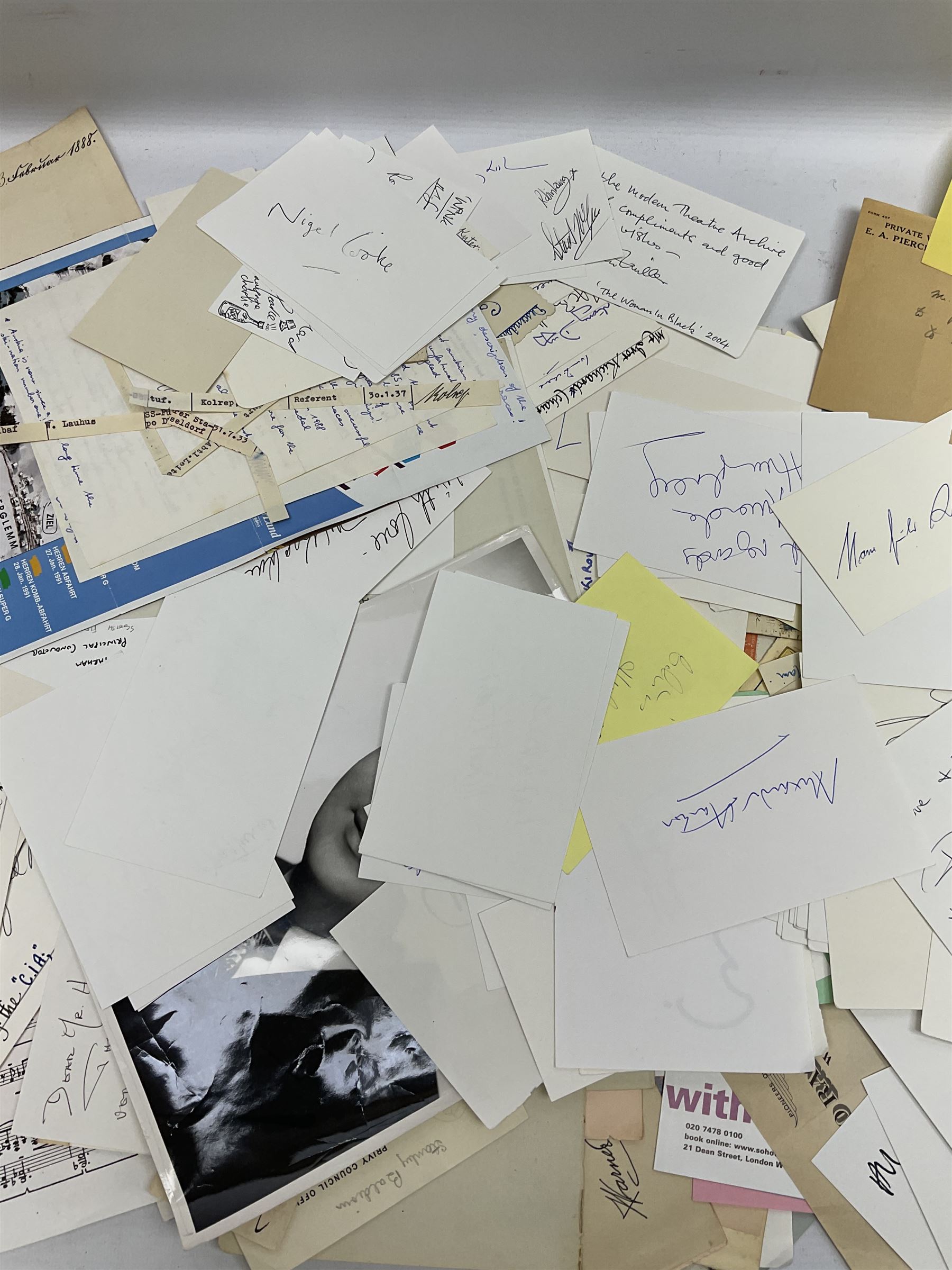 Collection of over 600 autographs on cards, clipped pieces, letters etc including William Gladstone, Lord North, Randolph Churchill, Hugh Dalton, Philip Noel-Baker, Philip Burne-Jones, Tiger Woods, Ben Hogan, Cindy Crawford, Viv Nicholson, Roddy Doyle, Diana Cooper, Woody Allen, Roy Orbison, Mary Wilson, Sammy Davis Jr., Clive Brook, Roger Quilter, Chay Blyth, Chris Bonington, John Lodge, Trevor Bayliss, Penelope Wilton, Tom O'Connor, Charles Aznavour, Alan Tichmarsh, Michael Ball, Thelma Barlow, Jack Brymer, Paul Badura-Skoda, John Lill, John Conteh, Charlotte Knollys, Arthur Godfrey, Eric Sykes, Queen Noor of Jordan, Victoria Gledenning, Madeleine Albright etc