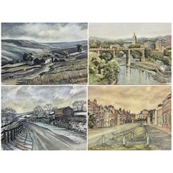 Jane Pearson (Yorkshire 20th century): 'Swaledale' 'Winer in Swaledale' and North Bar Beverley', three ink and watercolours together with a hand finished print of Knaresborough by the same hand max 34cm x 47cm (4)