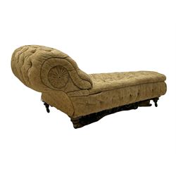 Sledmere House - 19th century chaise longue, with scrolled back and all-over buttoned upholstery, compressed turned feet with brass and ceramic castors

Provenance - 
