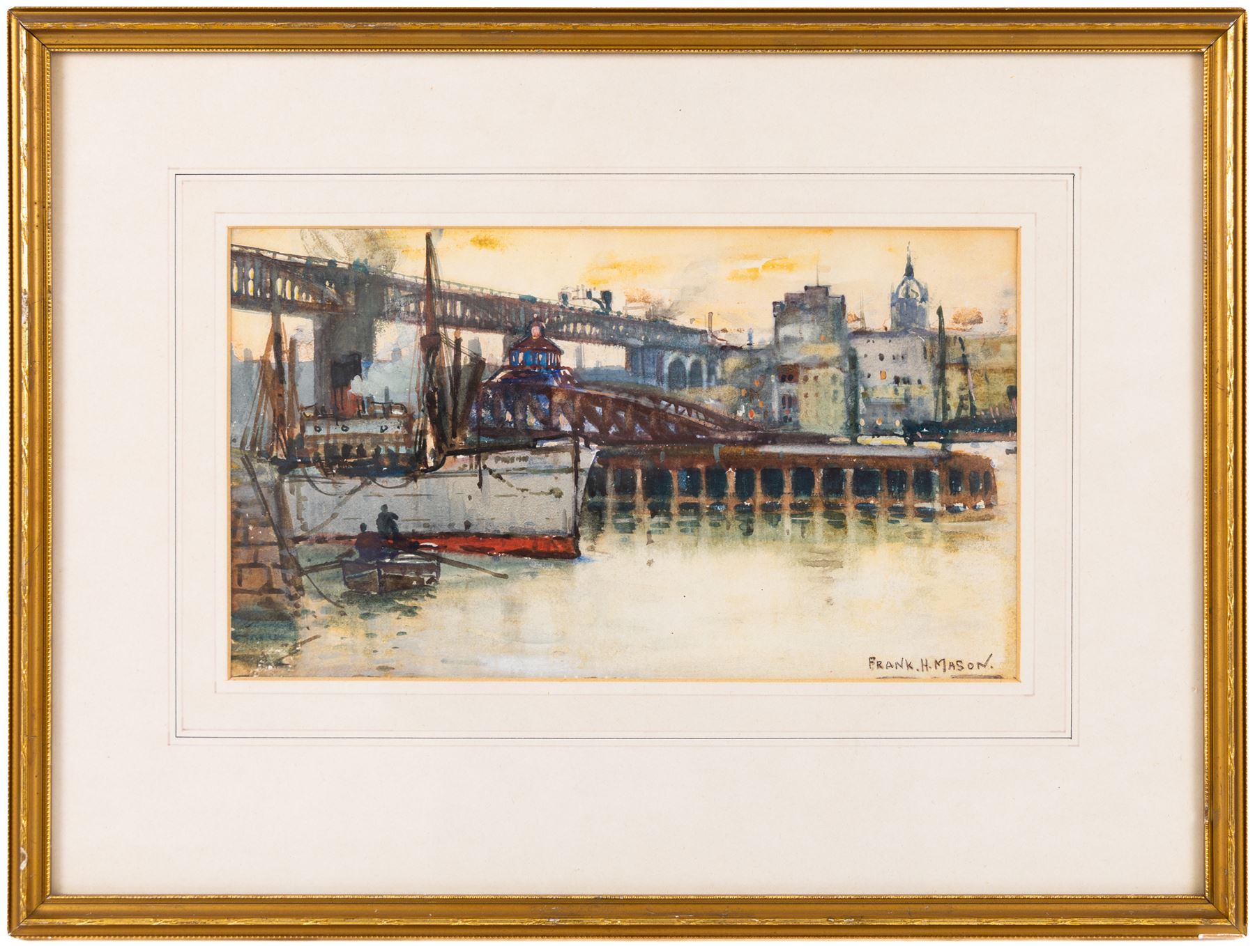Frank Henry Mason (Staithes Group 1875-1965): 'Newcastle-on-Tyne - The Two Bridges', watercolour signed 15cm x 26.5cm 
Notes: later reproduced as a postcard by J J Longhurst, sold together with a framed example.