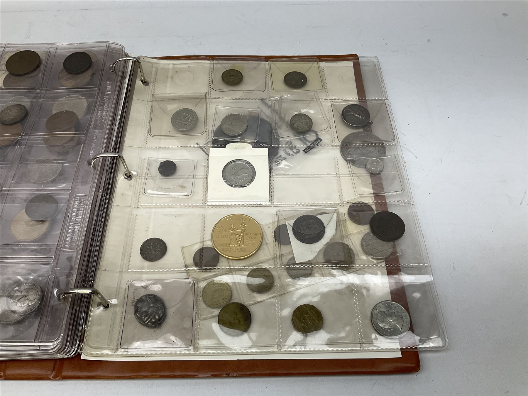 World coins and related items, including Maria Theresa restrike thaler, German silver five deutschmark coins, Sudan 20 piastres, Netherlands 1848 1/2 guilder, United States of America 1964 half dollar etc, small number of fantasy/replica coins etc, housed in a ring binder album 
