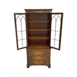 Bevan Funnell Reprodux - mahogany bookcase on chest, two glazed doors above slide and three drawers
