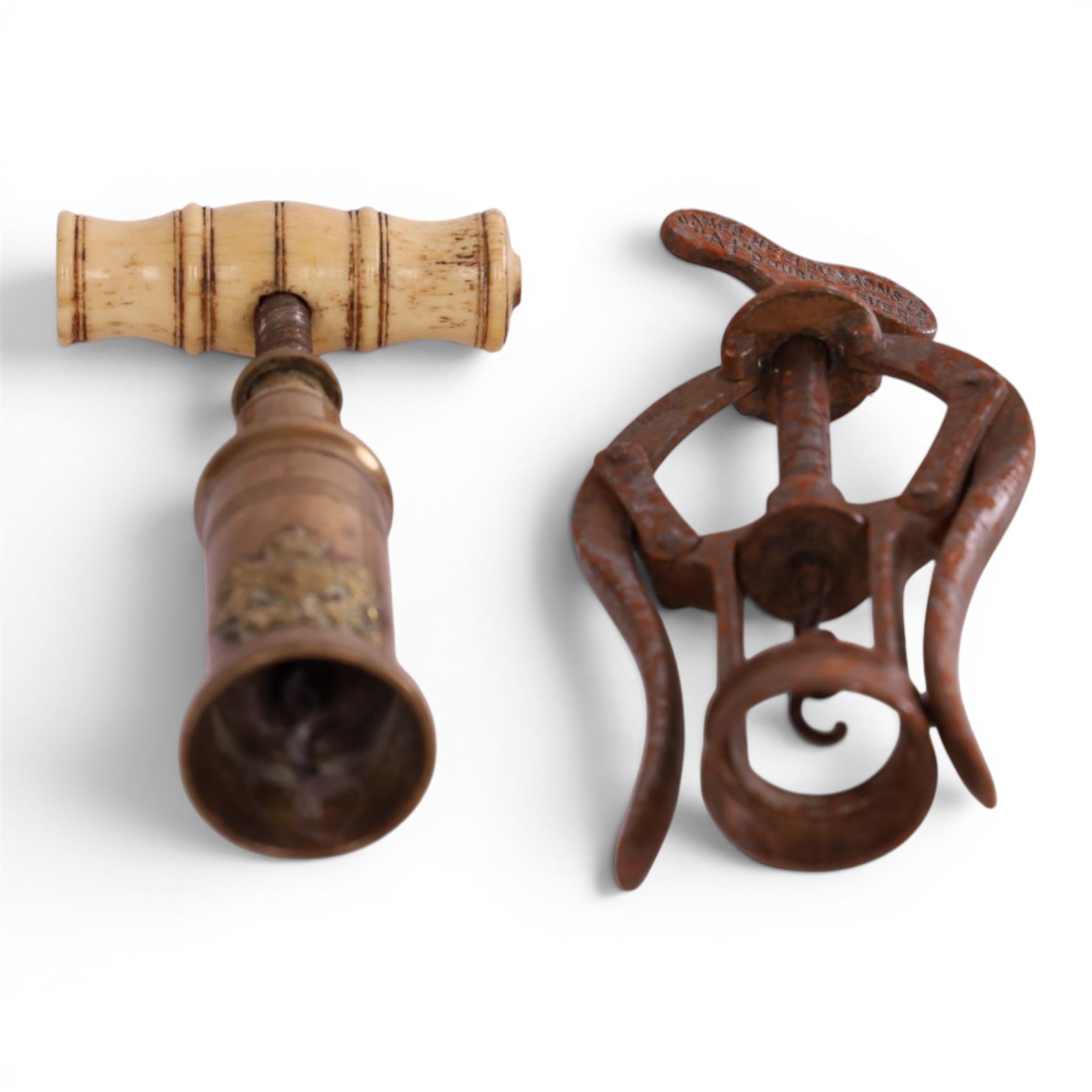 19th Century Thomason action twin helix design brass corkscrew with bone handle, together with James Heeley & Sons A1 Patent double lever corkscrew