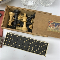 A selection of assorted collectables, to include a cased set of Royal Scott Crystal glasses, Mason's Ironstone bowl, six La Reine wine labels, set of dominoes, chess pieces, small pair of oval framed prints, dirk, etc. 