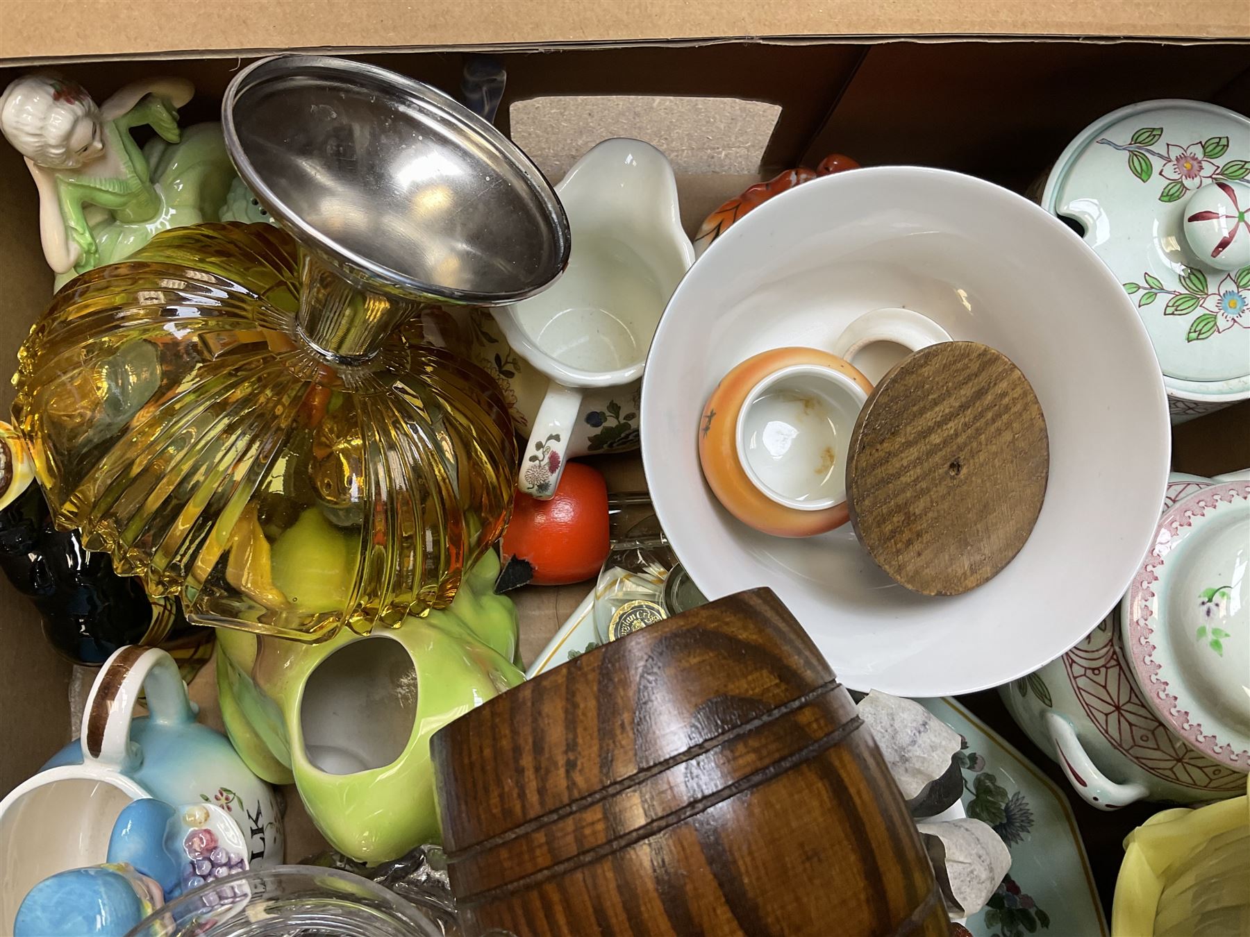 Four glass snuff bottles, together with assorted ceramics, including Carlton Ware cruet set,  in the form of a lady wearing a crinoline dress, Adams Calyx ware Singapore bird covered sucrier, etc  