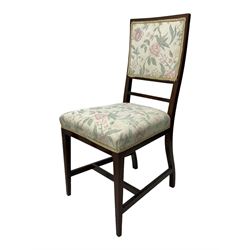 Pair of mahogany framed bedroom chairs upholstered in floral pattern fabric (W45cm); rectangular footstool on ball and claw feet (L94cm)