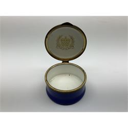 Cylindrical music box with domed lid depicting the Music Room at Buckingham Palace and playing Mozart's 'Voi Che Sapete', limited edition 187 of 250, boxed, together with enamel box for the silver jubilee and a victorian paperweight of Scarbrough  