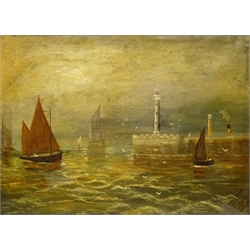  Whitby Harbour, 20th century watercolour signed by Austin Smith 23cm x 30cm and Fishing Boats - Whitby, oil on canvas signed and dated 1908 by E Heslewood 24.5cm x 34cm (2)  