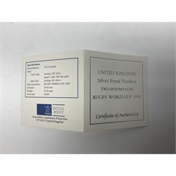 The Royal Mint United Kingdom 1999 'Rugby World Cup' holographic silver proof piedfort two pound coin, cased with certificate