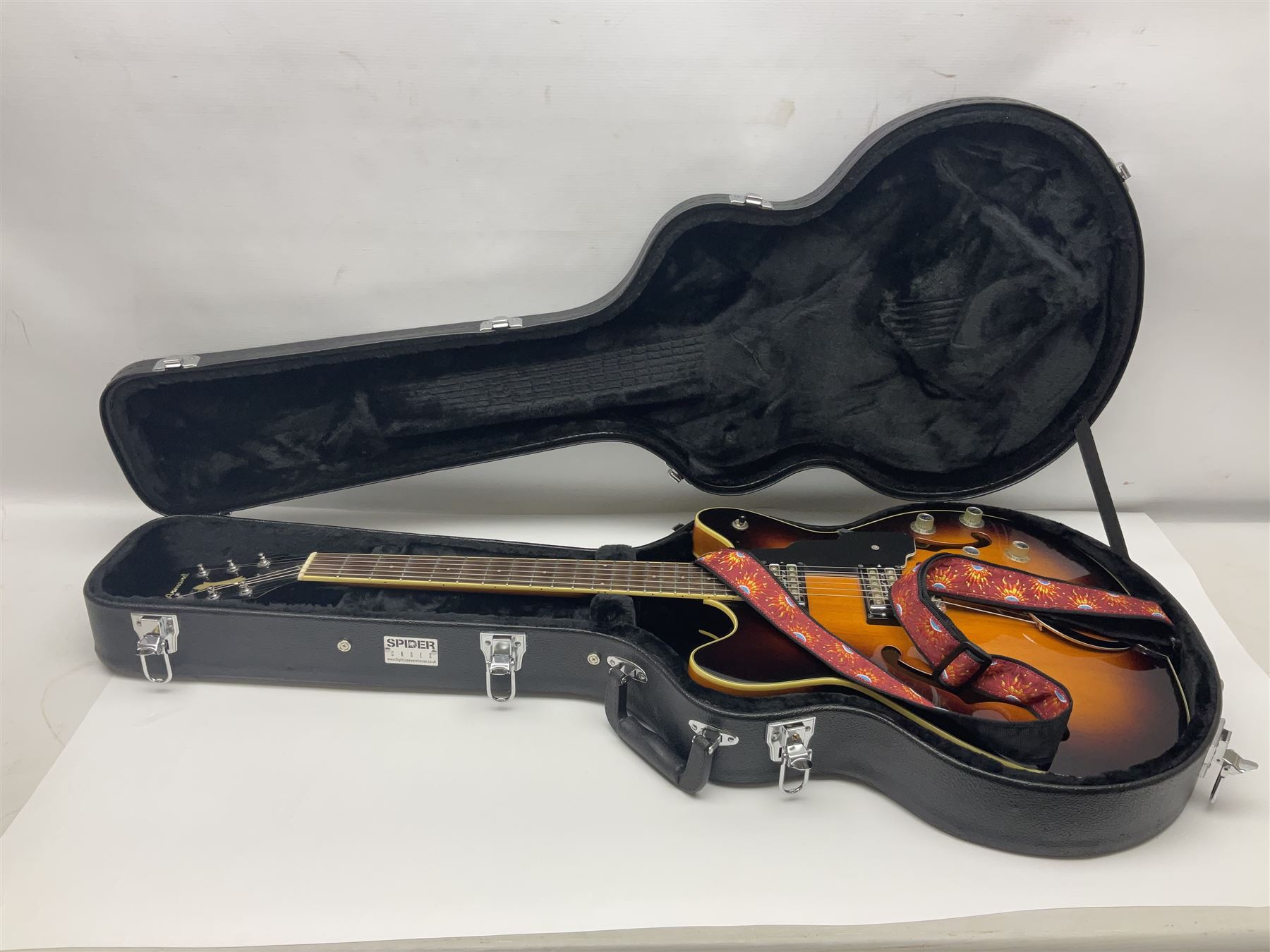 DeArmond Guild Star Fire Custom semi-acoustic guitar c2009 with tobacco sunburst finish and USA DeArmond gold foil pick-ups; serial no.KC9091266; L104cm; in Spider carrying case