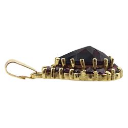 Pair of 18ct gold garnet cluster stud earrings and a 14ct gold garnet cluster pendant, tested or stamped 
