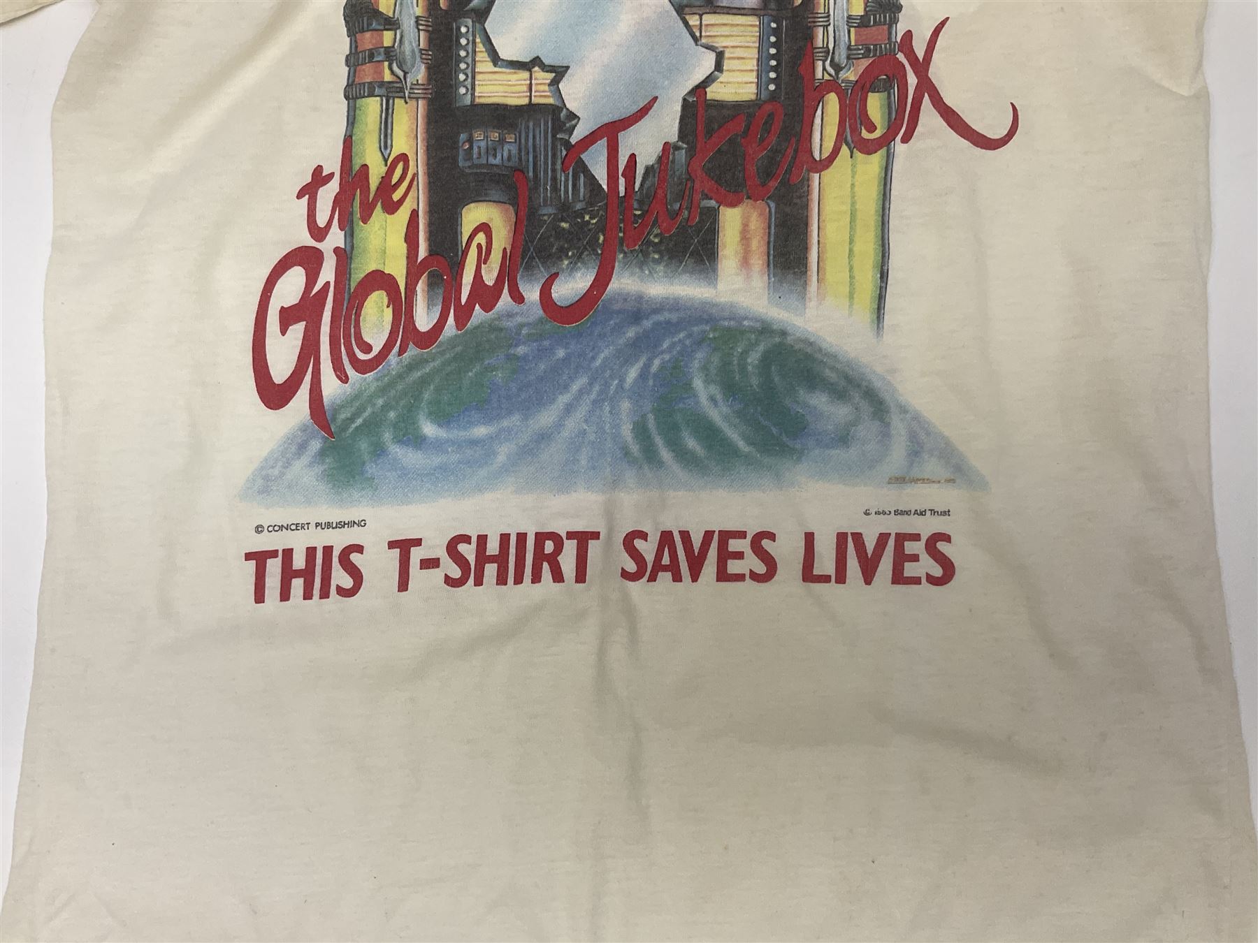 Live Aid memorabilia 13th July 1985 Wembley Stadium - Official Programme with ticket; and The Global Juke Box T-shirt
