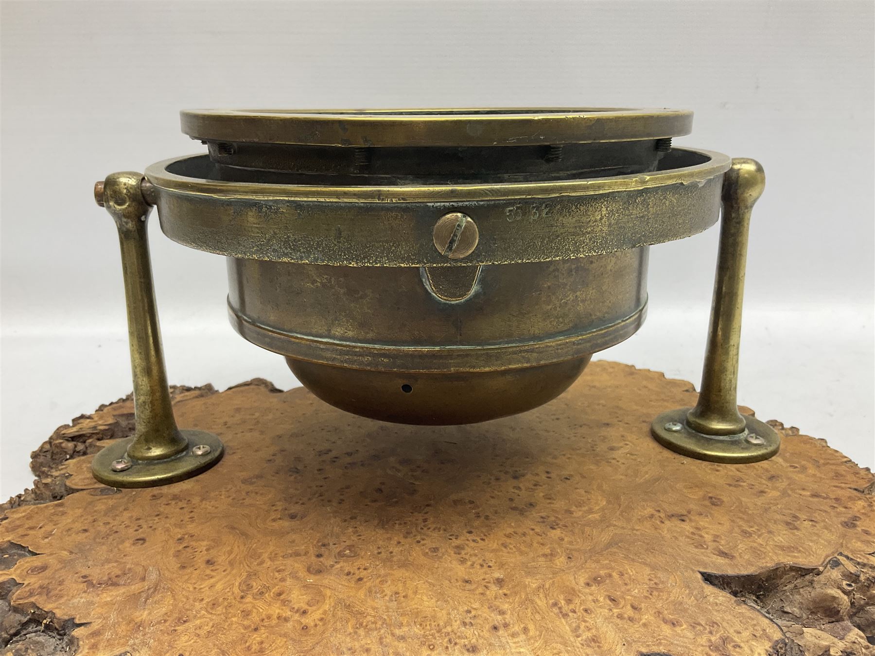 Sestrel brass cased ships gimbal mounted compass, fitted on a burrwood slab, serial no.5532, pat.no.586665 D19cm