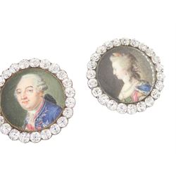 Set of six late 18th century French portrait miniature buttons, each finely painted upon ivory with a likeness of notable figures of the French Royal Court, set under glazed panels within silver frames mounted with paste stones, engraved verso with the sitters’ names and fitted with eyelets, later adapted with suspension rings; comprising “LE ROY” (Louis XVI), “LA REINE” (Marie Antoinette, youth portrait), “LA REINE” (Marie Antoinette, mature portrait), “MADAME” (Maria Josepha of Savoy, 1771–1810, wife of Louis, Comte de Provence, later King Louis XVIII), “M. BAILLY” (Jean Sylvain Bailly, 1736–1793, Mayor of Paris), and “M. L’ABBÉ MAURY” (Jean-Siffrein Maury, 1746–1817, Cardinal and Archbishop of Paris), overall D3.5cm. This lot has been registered for sale under Section 10 of the APHA Ivory Act