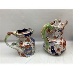 19th century ironstone wash jug and bowl set decorated in the Imari palette, together with two further smaller ironstone jugs similarly decorated, bowl D35cm
