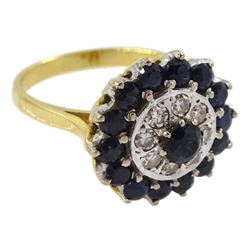 Gold round sapphire and diamond circular cluster ring, stamped 18ct