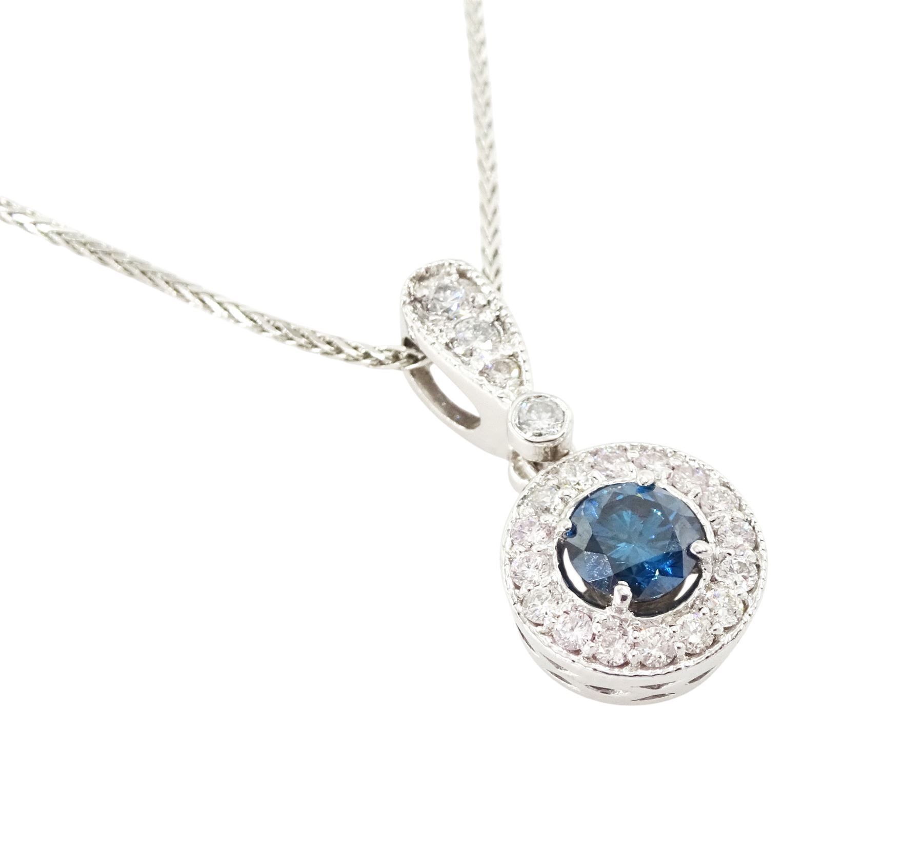 14ct white gold diamond pendant necklace, single round brilliant cut fancy blue diamond of approx 0.45 carat, surrounded by a halo of milgrain set round brilliant cut diamonds, to a diamond set bail, on a wheat link chain necklace, total white diamond weight approx 0.25 carat