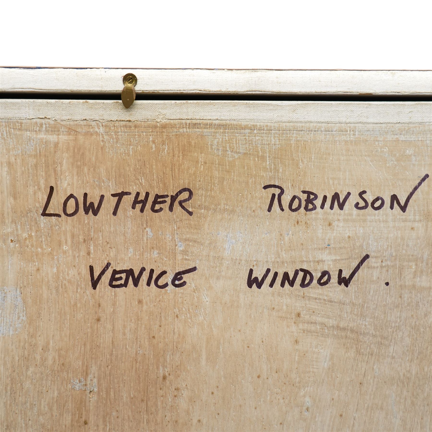 Lowther Robinson (Northern British 20th century): 'Venice Window', mixed media and acrylic signed and titled verso 68cm x 47cm