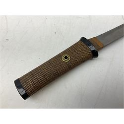 Japanese Tanto with 28.5cm steel blade and cord bound grip; in red spotted black lacquer saya containing a kogai knife with etched characters to the blade and ornate fern leaf and snake handle