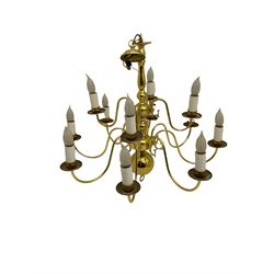 Brass twelve branch chandelier, heavy brass five branch chandelier and a modern light fitting (3)
