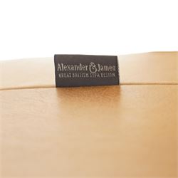 Alexander James - Chesterfield tan armchair, button backed with scrolled arms, brass studded trim raised on light wood turned feet