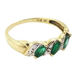 9ct gold three stone marquise cut emerald and diamond chip ring, hallmarked
