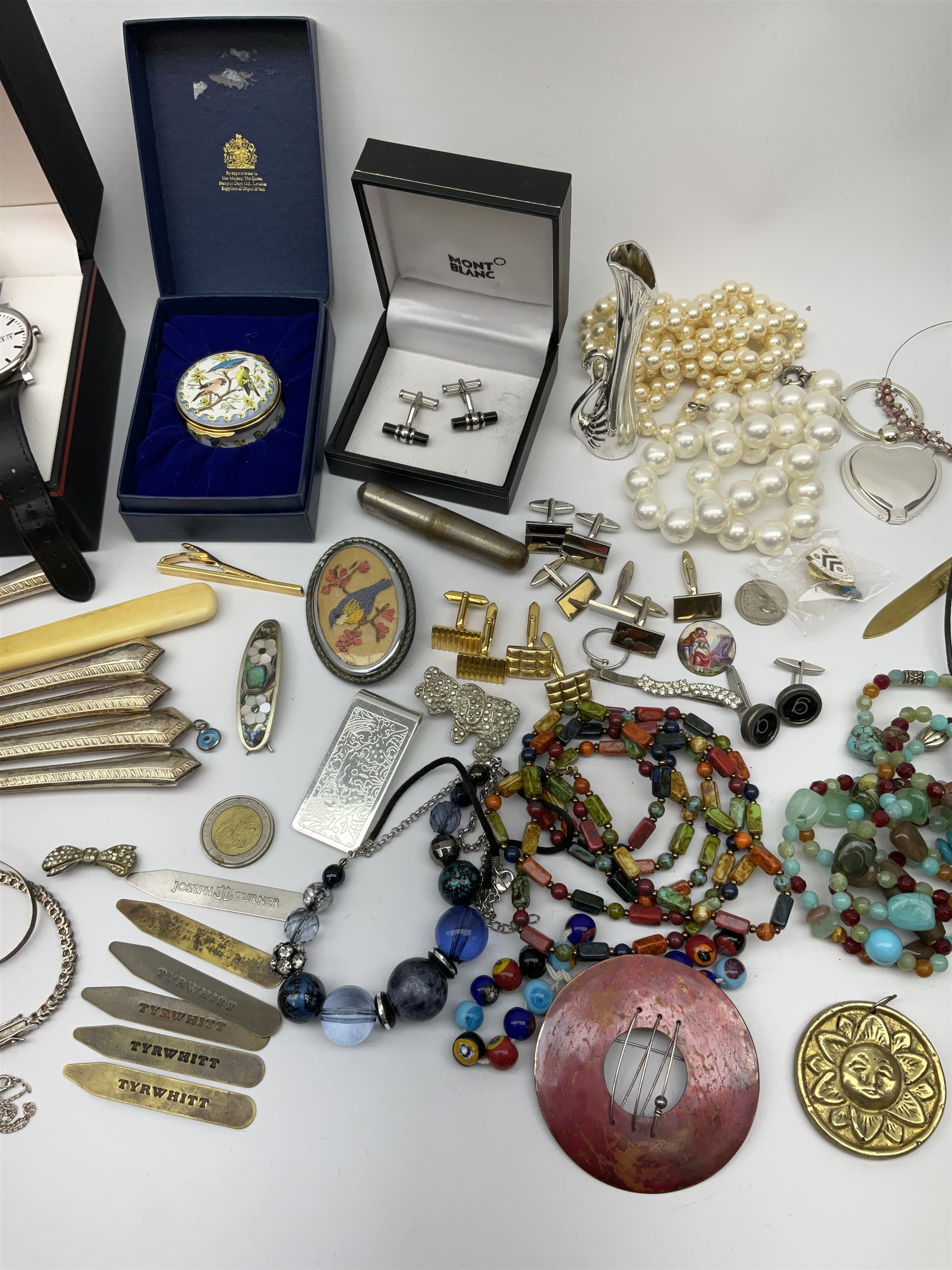 Silver jewellery to include bangles, bracelet, cufflinks, all stamped, pair of boxed Montblanc cufflinks, boxed Mondaine wristwatch, collection of Vintage and later costume jewellery, five silver handled knives, and a boxed Halcyon Days enamel box. 